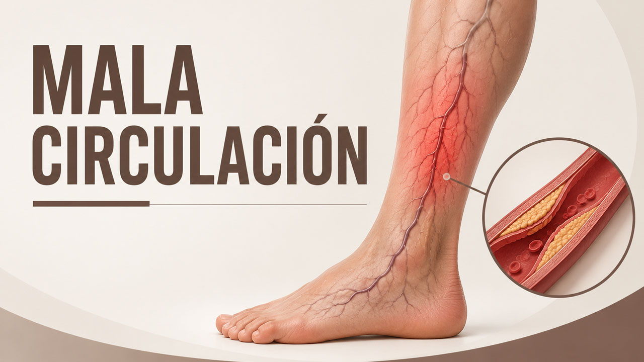 Pierna con arterias y venas destacadas para representar la mala circulación y sus síntomas más frecuentes