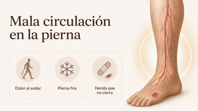 Infografía de una pierna con dolor al caminar, pie frío y una herida que no cicatriza