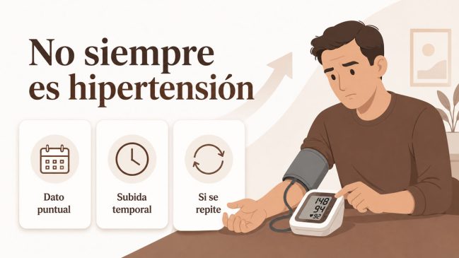 Persona ilustrada midiéndose la presión arterial con un tensiómetro digital y tres tarjetas con iconos de calendario, reloj y repetición