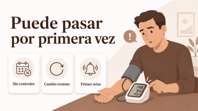 Persona ilustrada mirando un tensiómetro digital con expresión de sorpresa y tres tarjetas con iconos de calendario, cambio y aviso