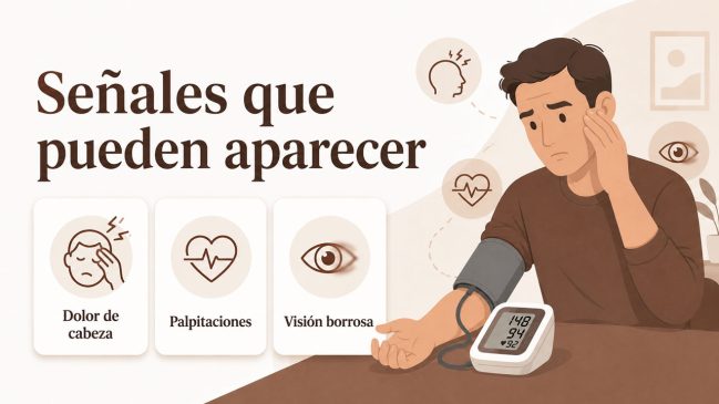 Persona ilustrada con manguito de presión tocándose la cabeza junto a tarjetas de dolor de cabeza, palpitaciones y visión borrosa