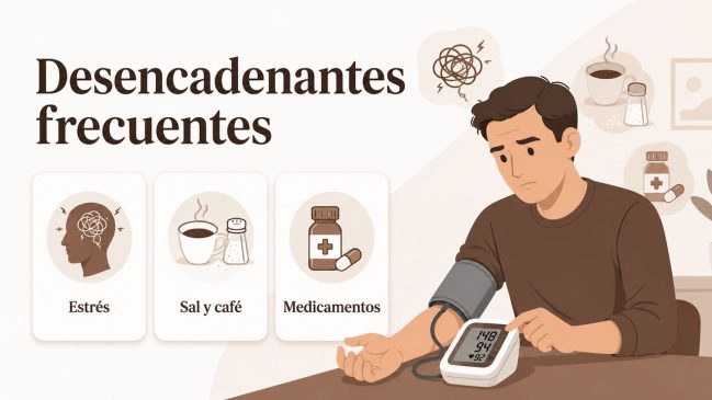 Persona ilustrada midiéndose la presión arterial junto a tarjetas con iconos de estrés, café con sal y medicamentos