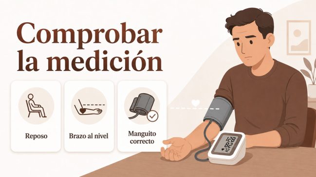 Persona ilustrada sentada con un manguito de presión colocado en el brazo y un tensiómetro digital sobre la mesa