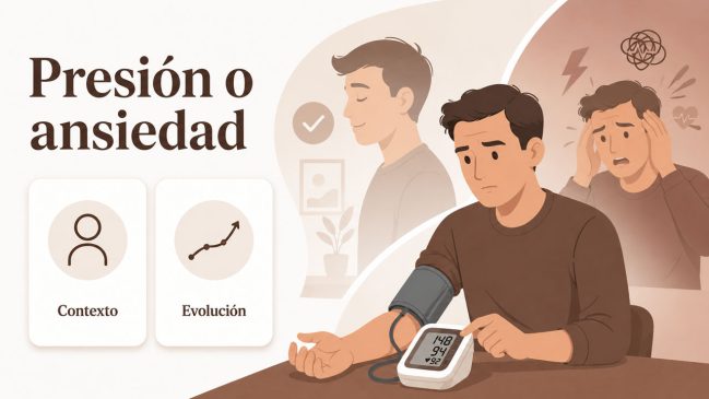 Persona ilustrada con tensiómetro frente a una escena dividida entre calma y ansiedad con dos tarjetas de contexto y evolución
