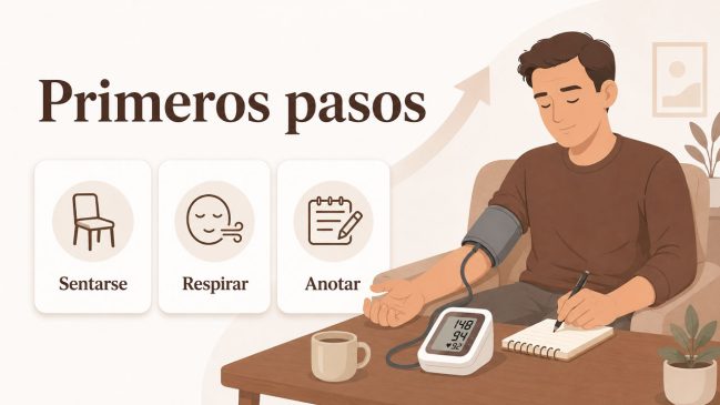 Persona ilustrada sentada con manguito de presión, respirando con calma y anotando datos en una libreta