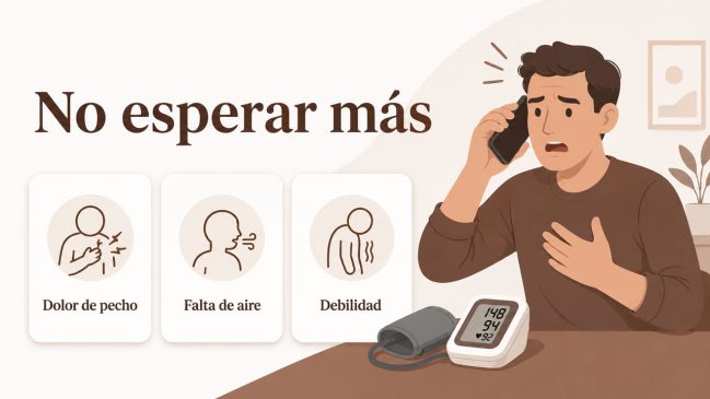Persona ilustrada llamando por teléfono con una mano en el pecho junto a un tensiómetro y tarjetas de dolor, falta de aire y debilidad