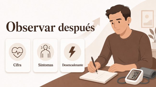 Persona ilustrada escribiendo en una libreta junto a un tensiómetro digital y tres tarjetas de cifra, síntomas y desencadenante