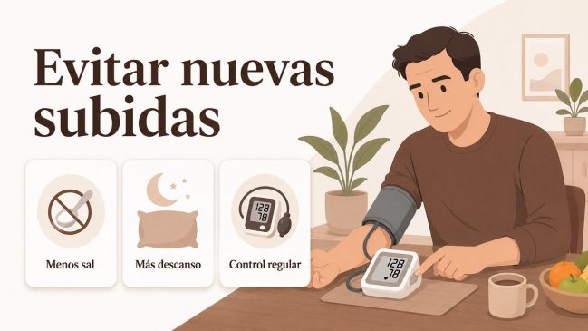 Persona ilustrada midiéndose la presión arterial en casa junto a tarjetas de menos sal, más descanso y control regular