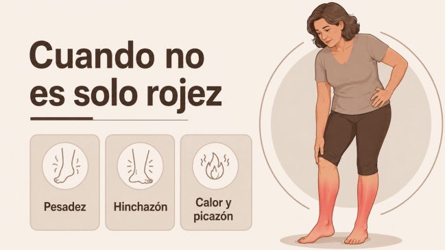 Mujer de pie con las piernas enrojecidas junto a iconos de pesadez, hinchazón, calor y picazón