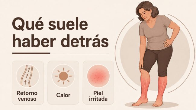 Mujer de pie con las piernas enrojecidas junto a iconos de retorno venoso, calor y piel irritada