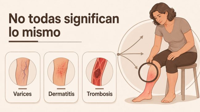 Mujer sentada observando una pierna enrojecida con lupa junto a tarjetas de varices, dermatitis y trombosis