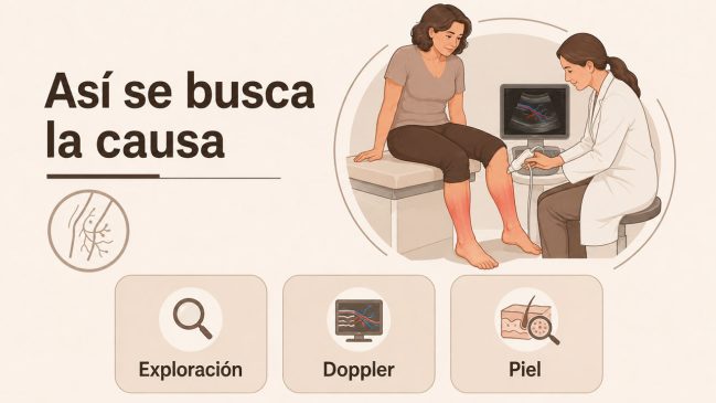 Médica usando un Doppler en la pierna enrojecida de una mujer sentada en una camilla