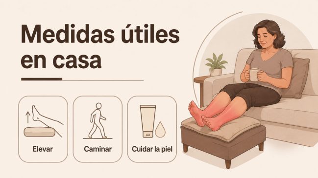 Mujer descansando en un sofá con las piernas enrojecidas elevadas sobre un reposapiés