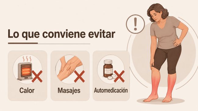 Mujer de pie con piernas enrojecidas junto a iconos de calor, masajes y automedicación marcados con una cruz