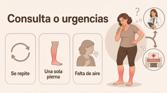Mujer pensativa con piernas enrojecidas junto a iconos de repetición, una sola pierna y falta de aire