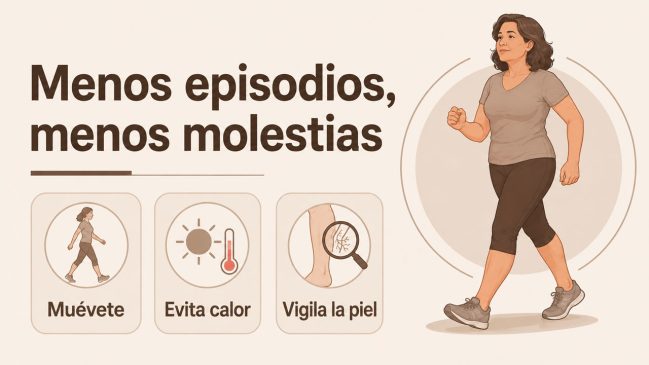 Mujer caminando junto a iconos de movimiento, calor y vigilancia de la piel